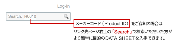 メーカーコード（Product ID）をご存知の場合はリンク先ページ右上の「Search」で検索いただいた方がより簡単に目的のDATA SHEETを入手できます。