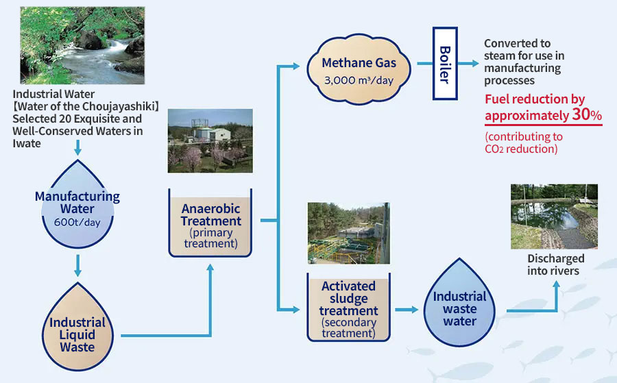 The manufacturing water selected as  one of the best 20 waters in Iwate, is discharged into rivers, after processed with under 25ppm of TOC by primary and secondary treatment.In addition, methane gas generated during treatment, is converted into steam and used in the manufacturing process, to decrease fuel consumption by approximately 30% and contribute to reduce CO2 emissions.